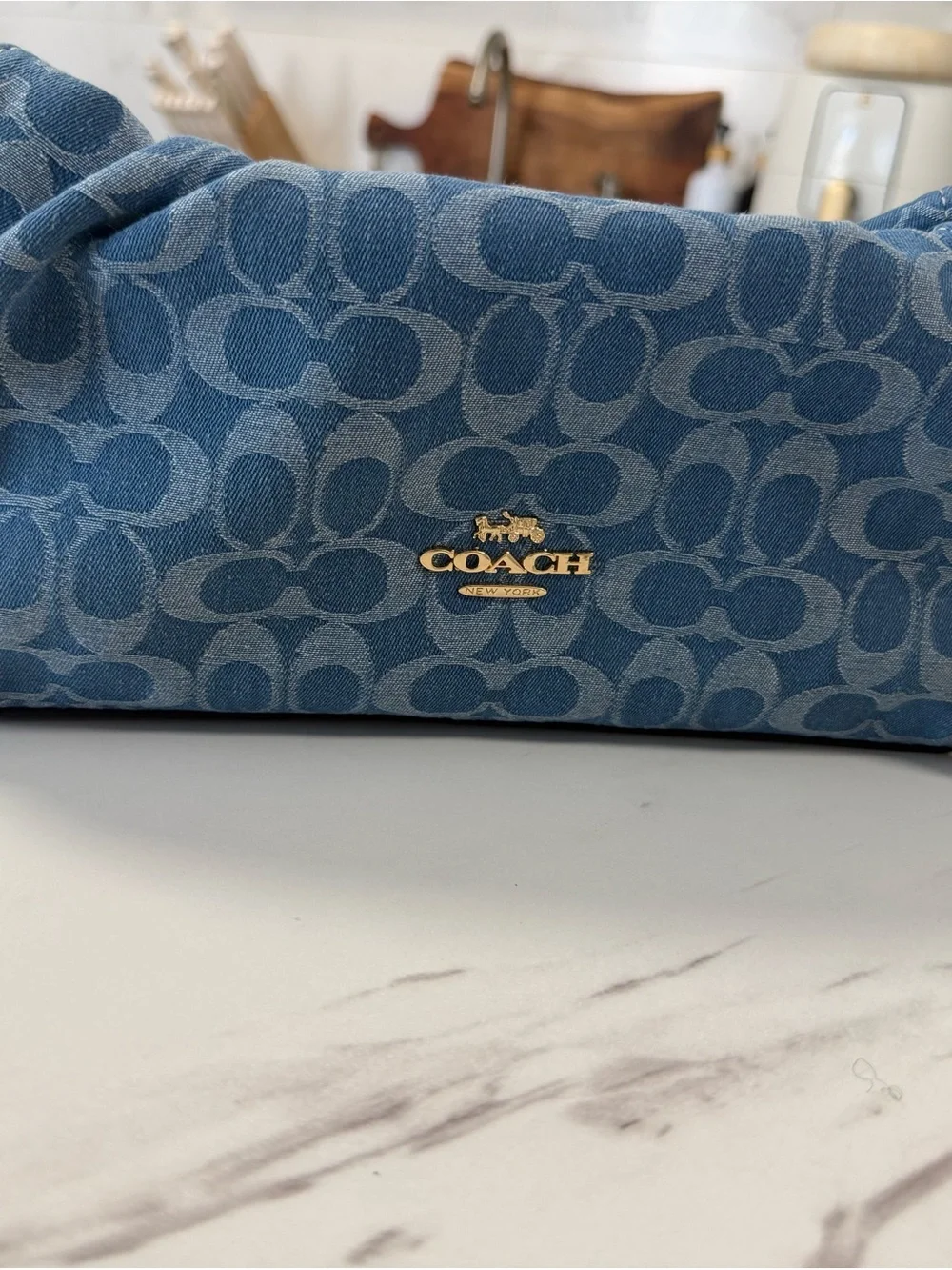 Coach Denim Signature Jacquard Cosmetic Pouch with Gold Logo